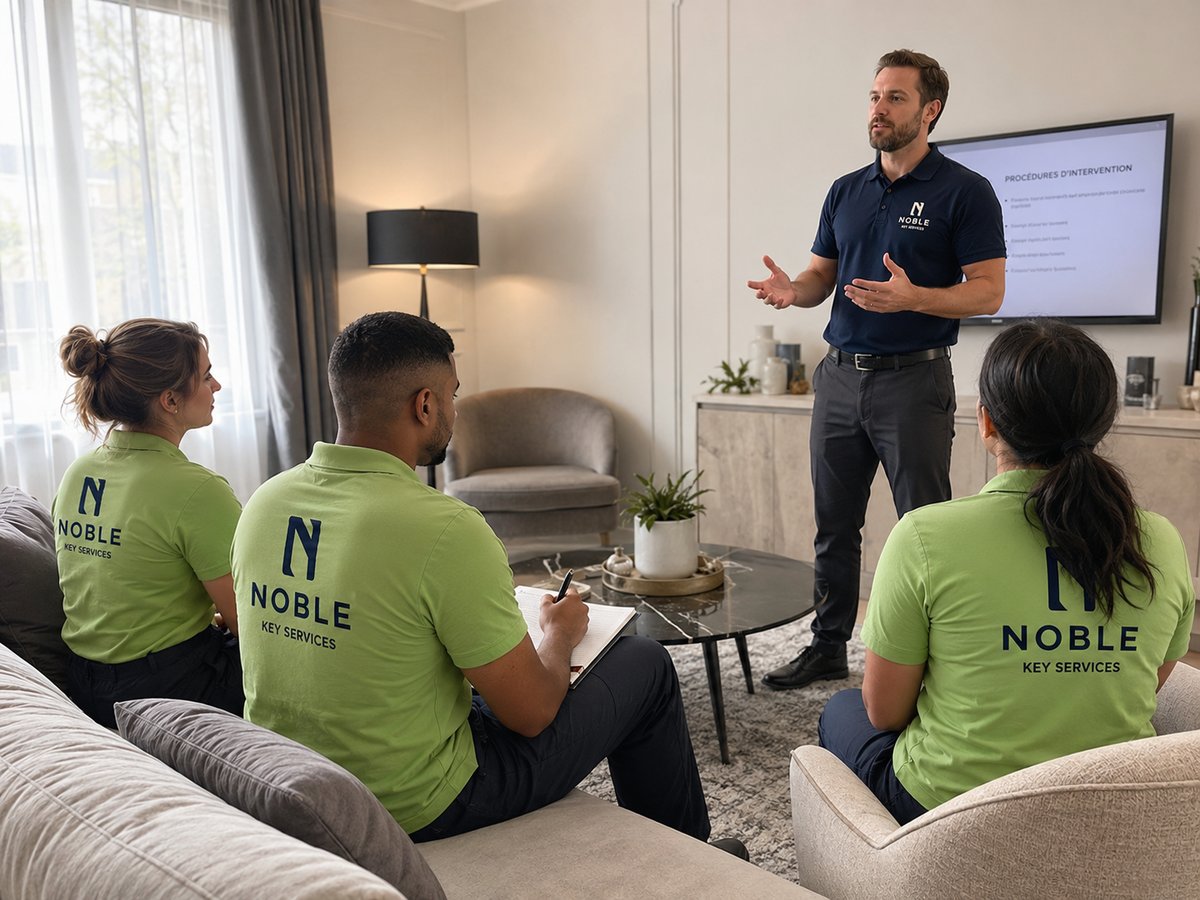 Équipe Noble Key Services en briefing partenariat avec une conciergerie Airbnb